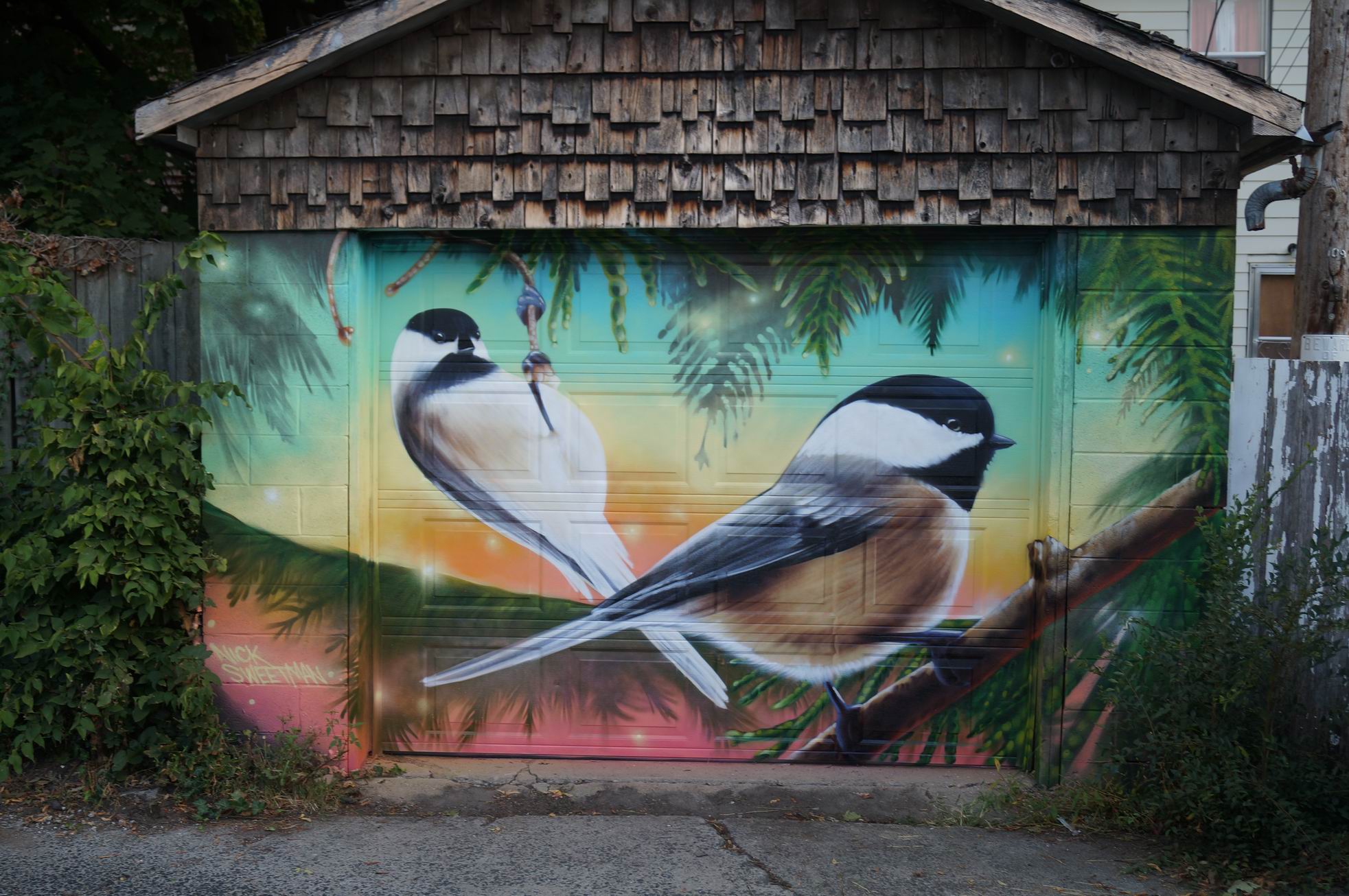 Chickadee mural by Nick Sweetman in Miriam Garfinkle Lane.