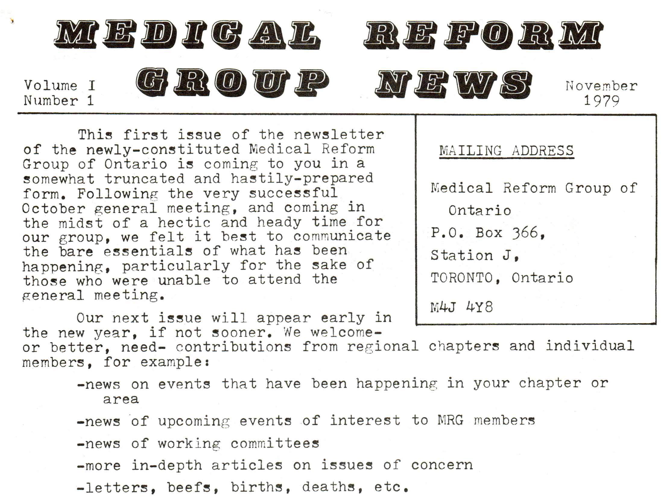 Medical Reform Group Newsletter, November 1979
